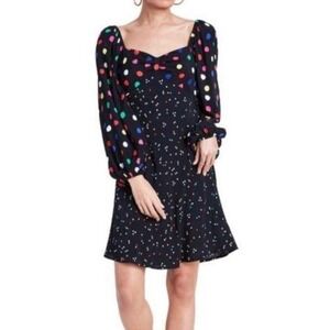 RIXO Target Dress Women's 0 Black Multicolor Polka Dot Puff Balloon Sleeve Smock